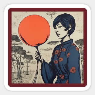 Asian woman in kimono with balloon Sticker